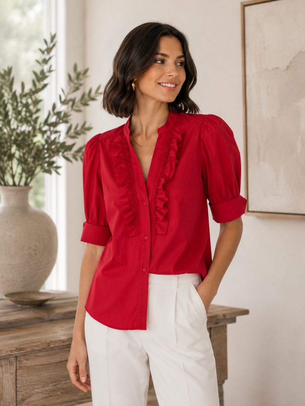 KMJ Kate McHale Jensen Blouse Cleo Ruffle Neck in Red